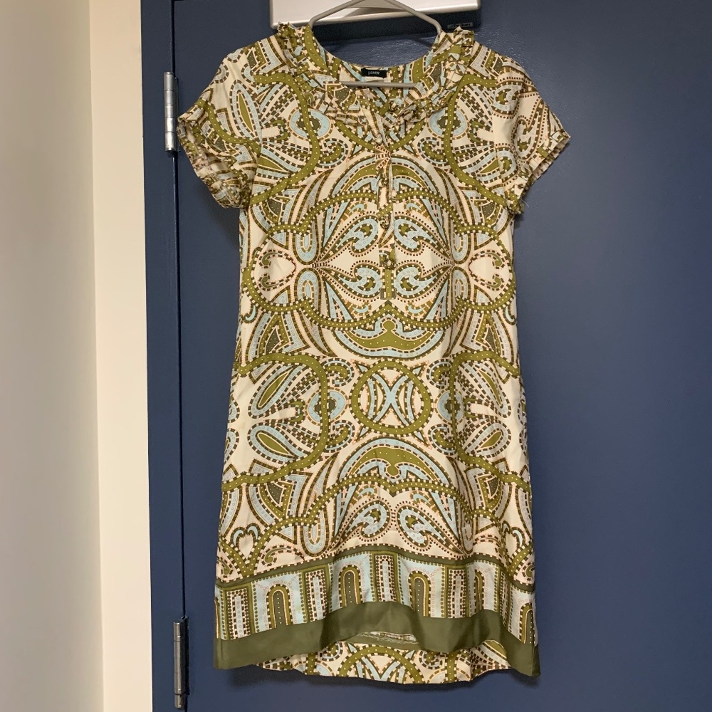 J. Crew 100% silk green and blue mini dress.